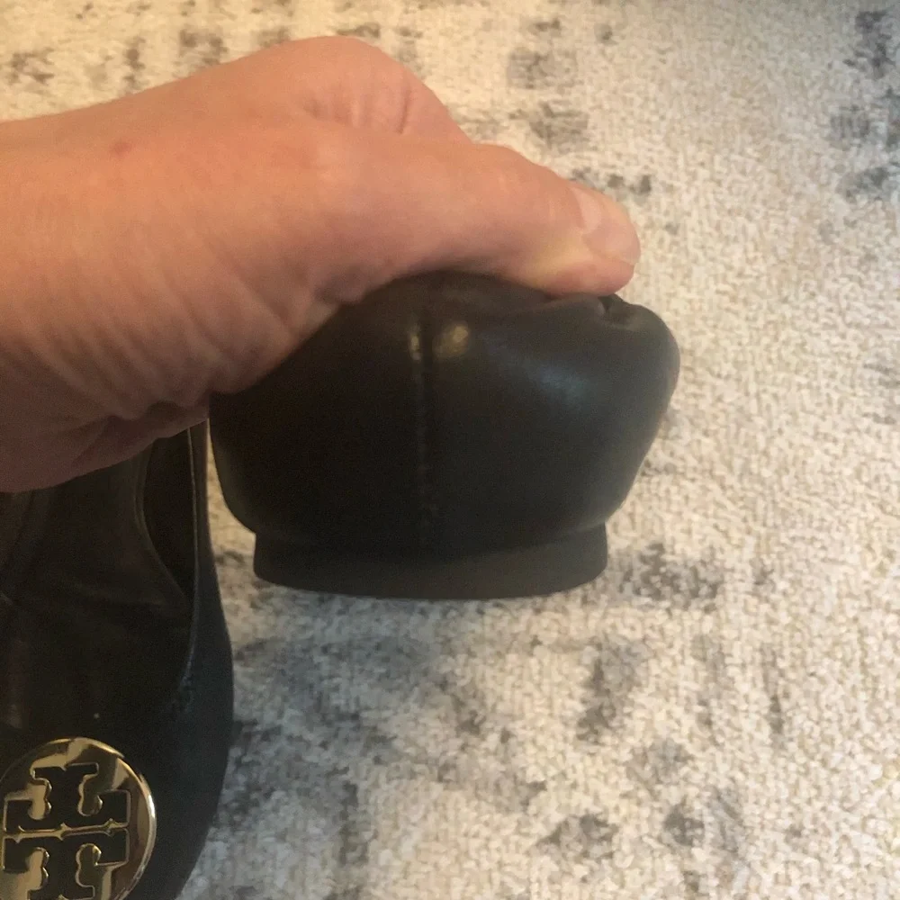 Tory Burch Black Leather Logo Ballet Flats with Gold Medallions